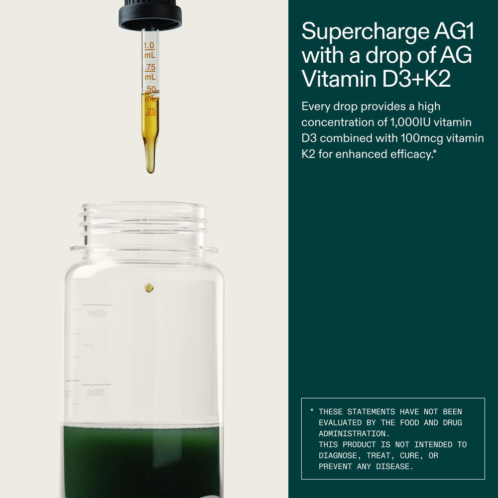 AG1 D3+K2 drops emphasize bone density and calcium uptake potential.