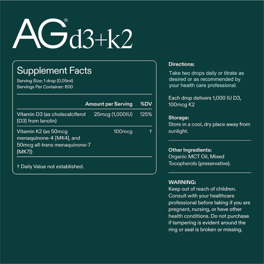 AG1 D3+K2 drops liquid form designed for easy absorption.