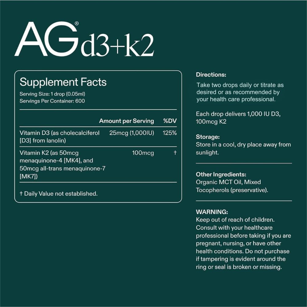 AG1 D3+K2 drops liquid form designed for easy absorption.