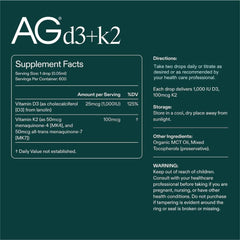 AG1 D3+K2 drops liquid form designed for easy absorption.