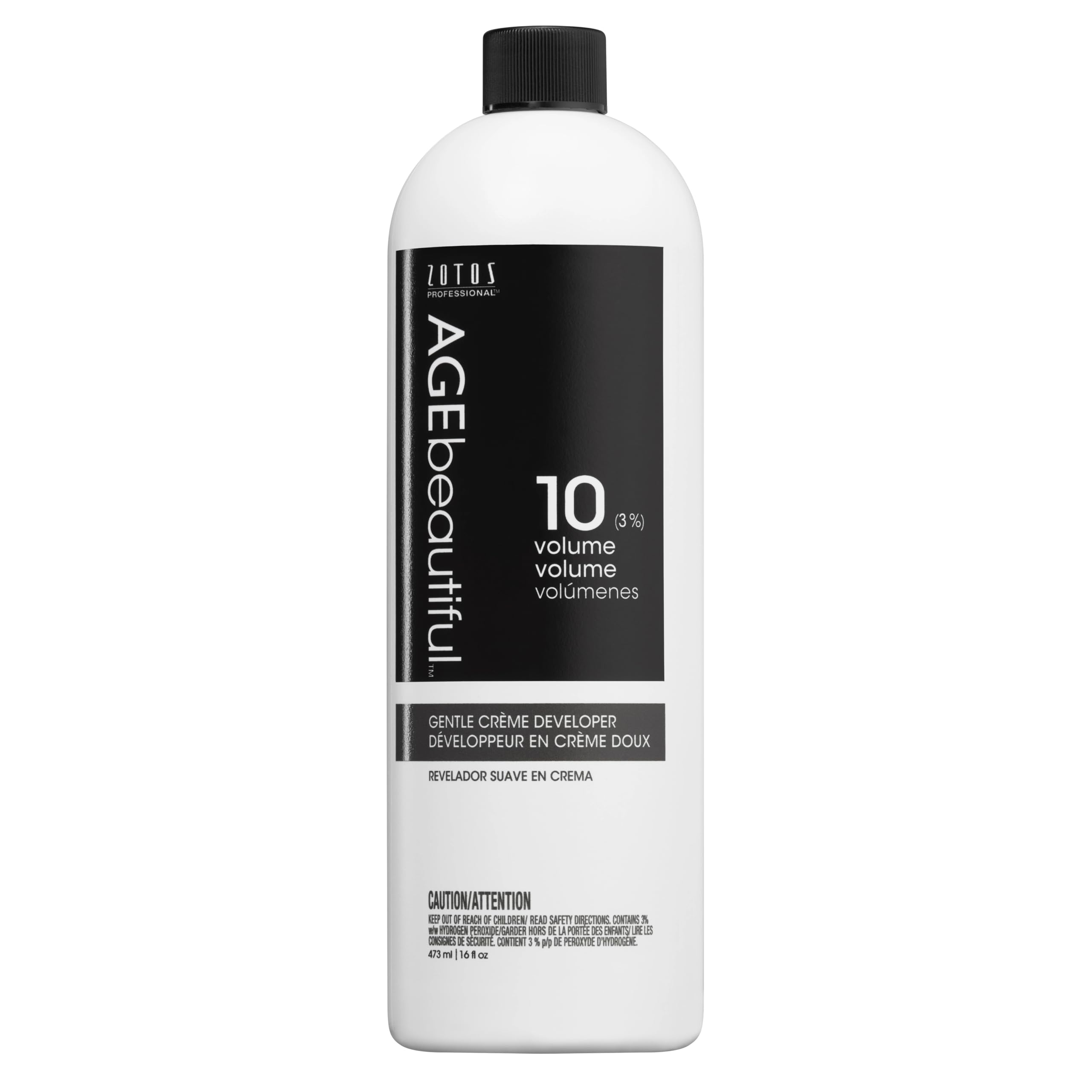 AGEbeautiful 10-volume developer bottle close-up for precise home color mixing.