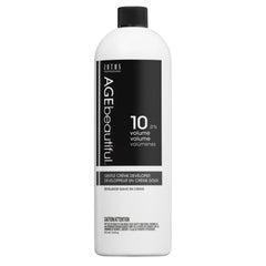 AGEbeautiful 10-volume developer bottle close-up for precise home color mixing.