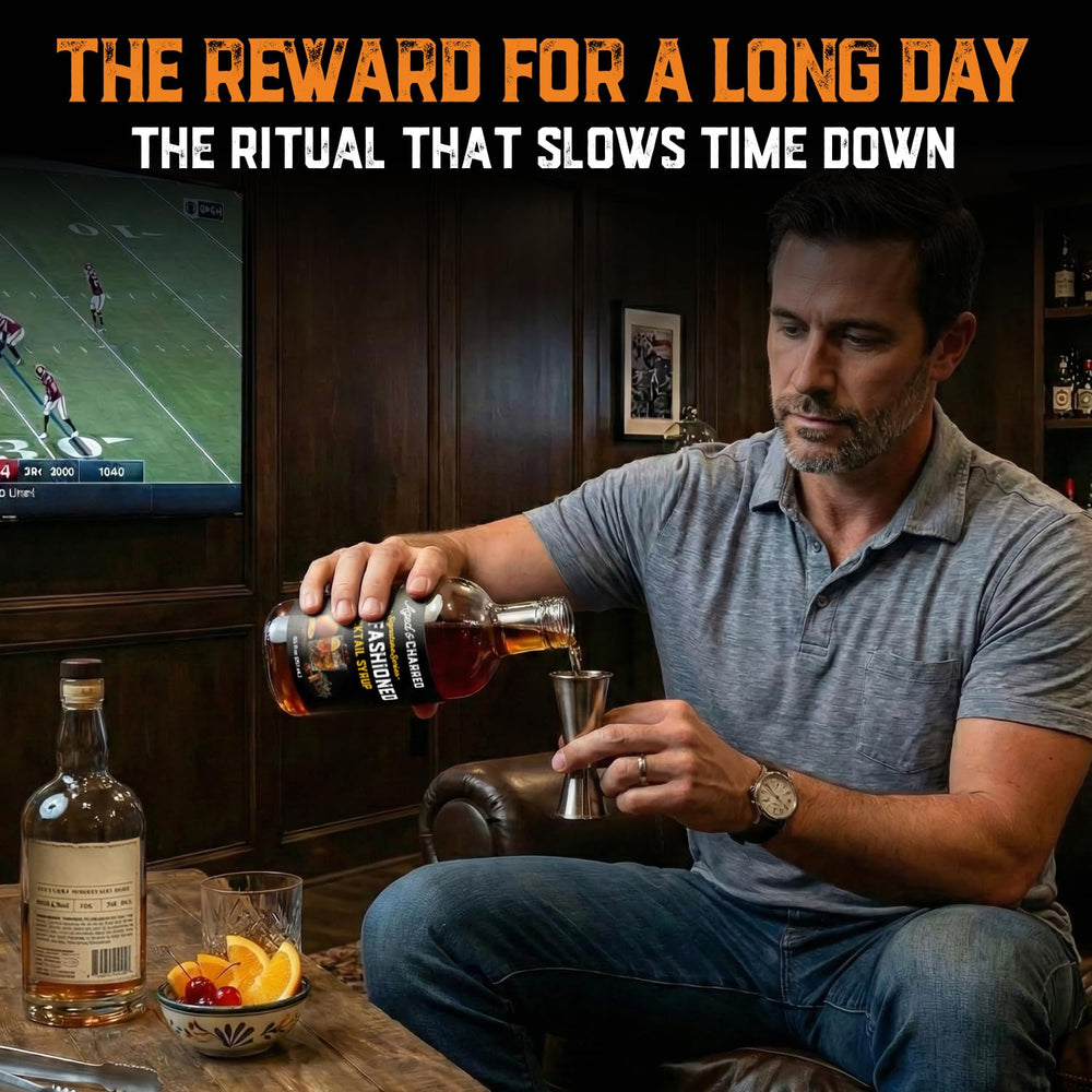 Aged & Charred bartender stirring an Old Fashioned at home