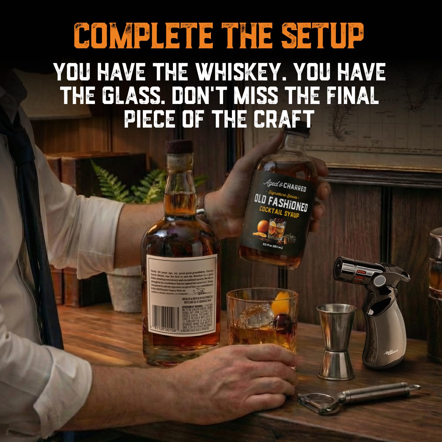 Aged & Charred cocktail glass setup showcasing bar-quality presentation