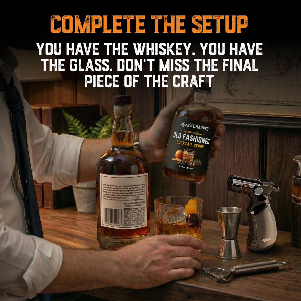 Aged & Charred cocktail glass setup showcasing bar-quality presentation