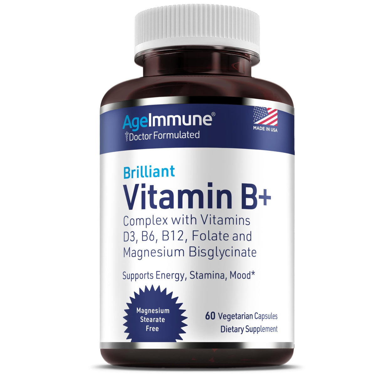 AgeImmune B Complex bottle on shelf for daily energy and mood support.