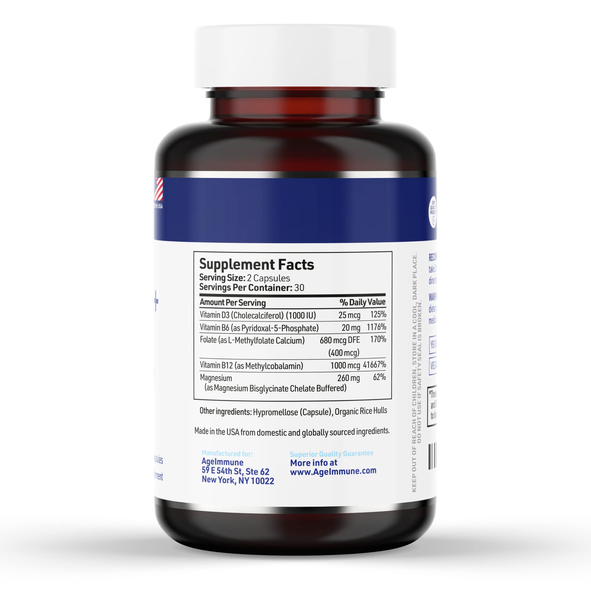 Close-up of AgeImmune B Complex capsules showing easy-to-swallow form.