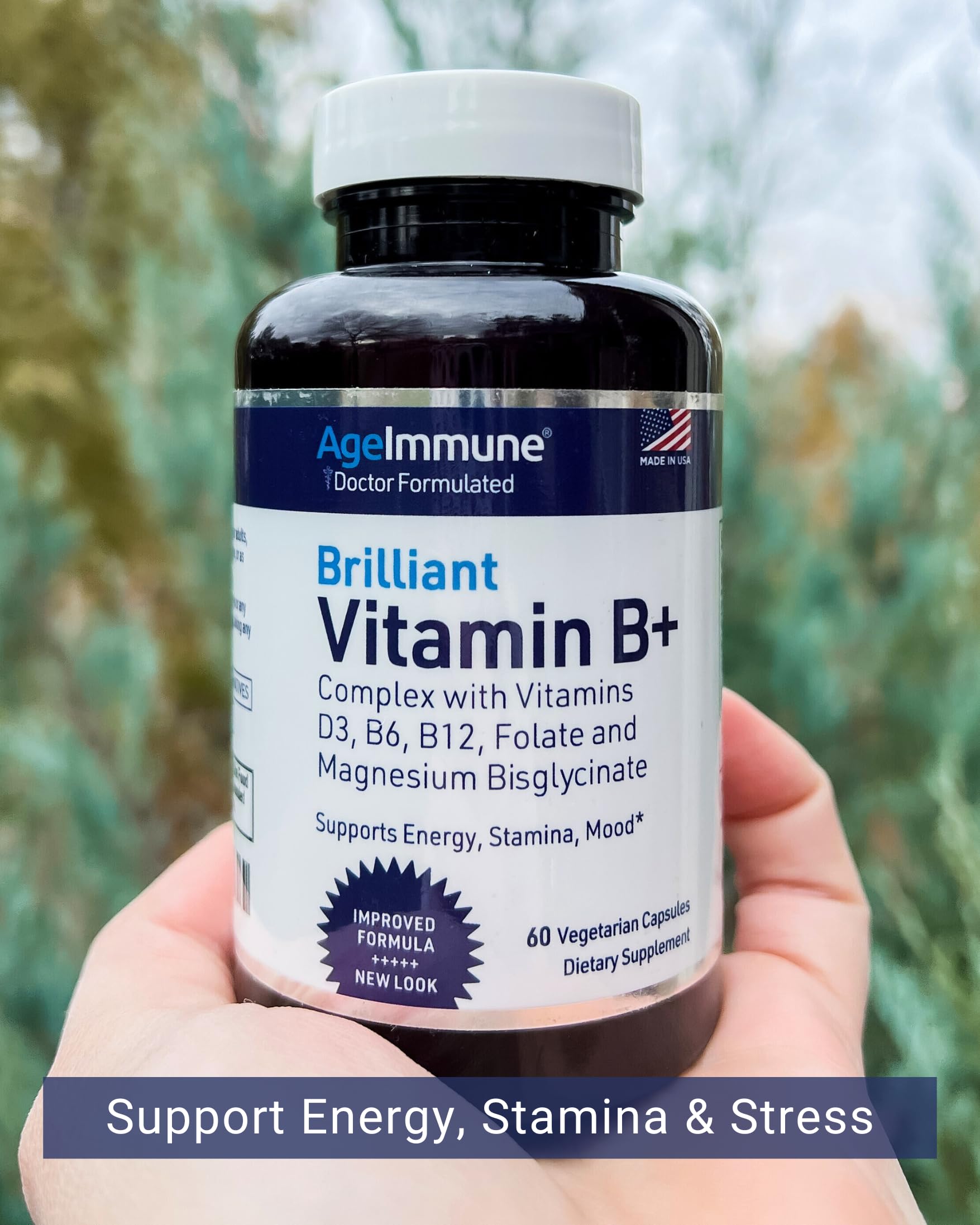 Graphic showing AgeImmune B Complex ingredients and benefits.