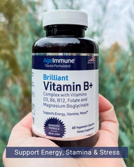 Graphic showing AgeImmune B Complex ingredients and benefits.