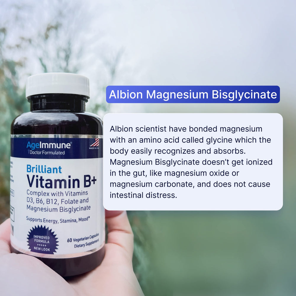 Magnesium bisglycinate in AgeImmune B Complex supports gut-friendly absorption.