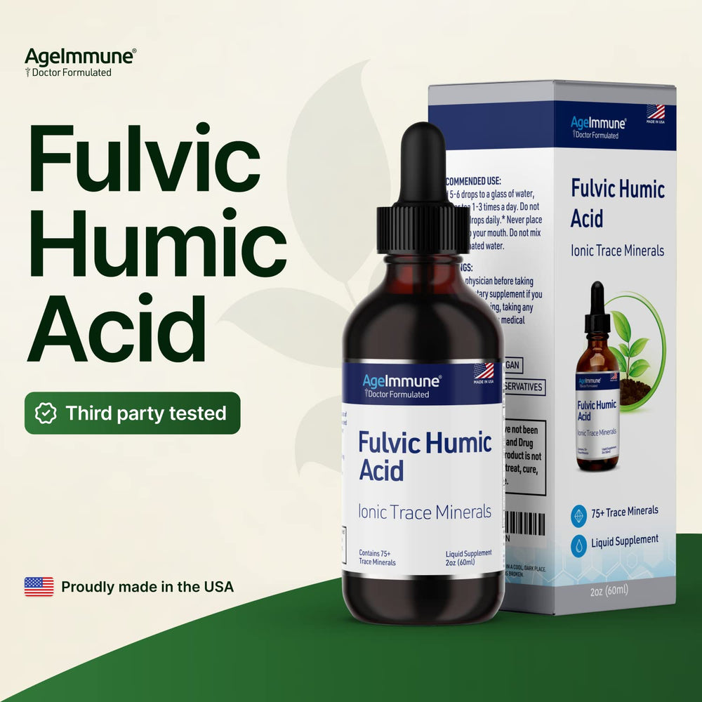AgeImmune Fulvic Humic Mineral Blend Ingredients List highlights plant-derived minerals.
