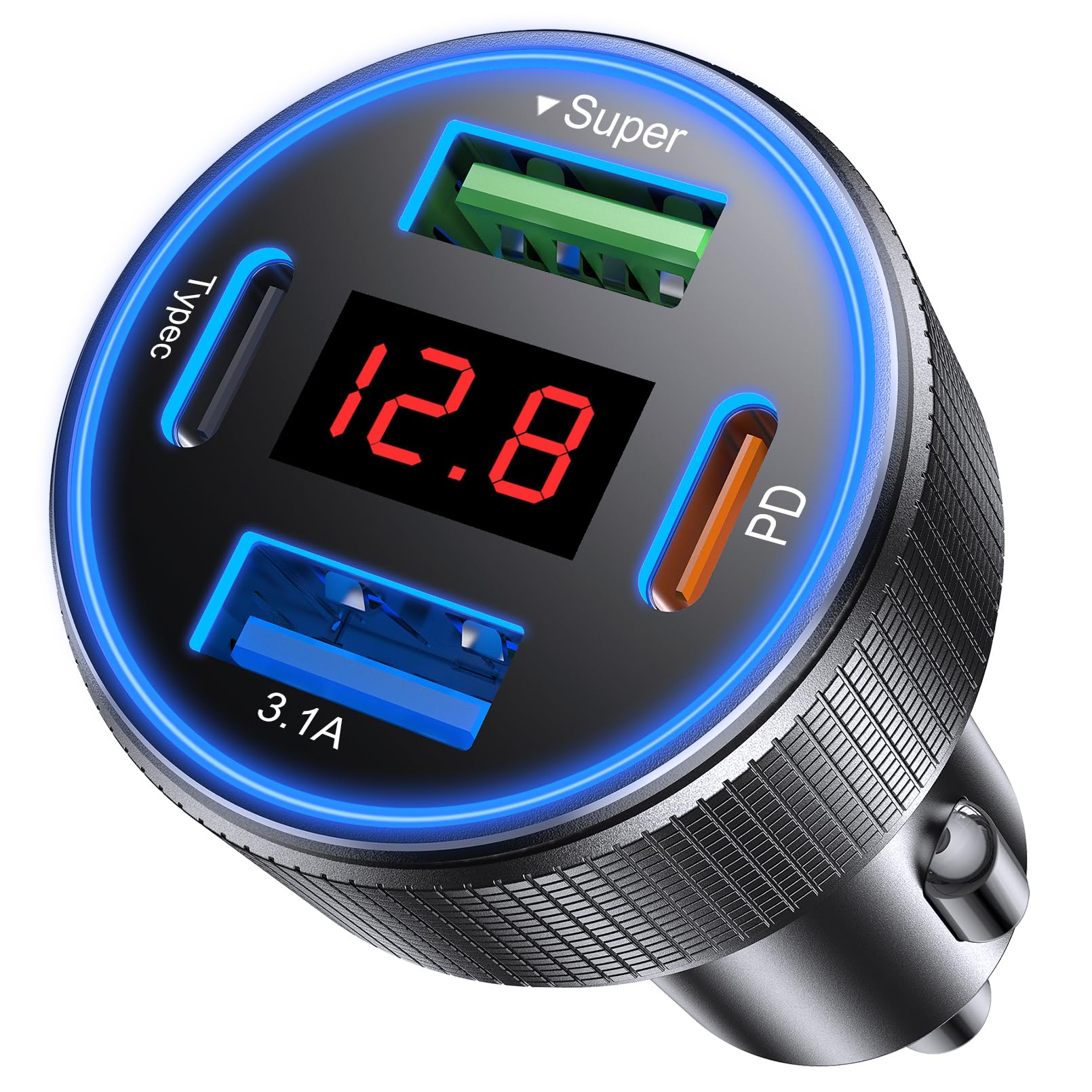AGEK USB-C car charger front view with four ports for on-the-go charging.
