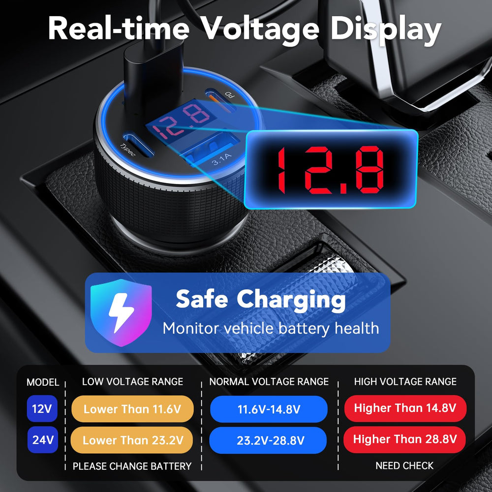 AGEK USB-C car charger LED voltmeter display during drive.