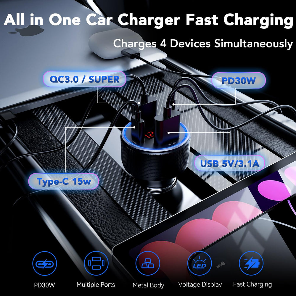 AGEK USB-C car charger side view highlighting the four-port design.