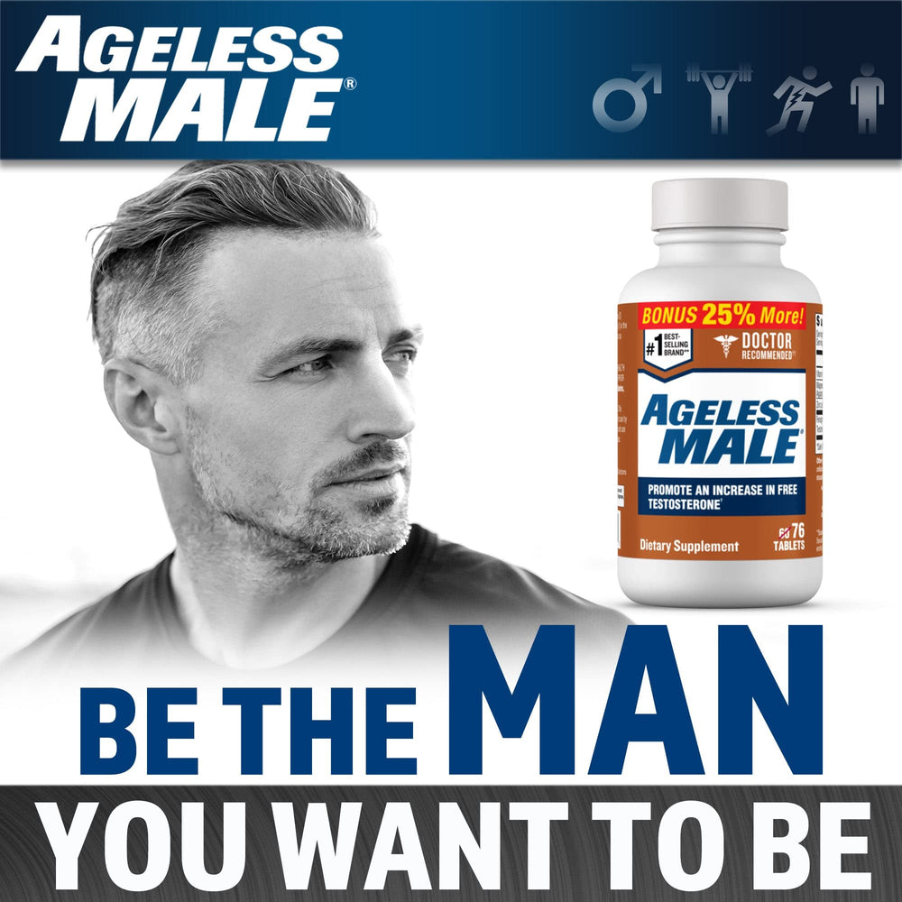 Ageless Male blister pack showing 76 tablets for long-term use.
