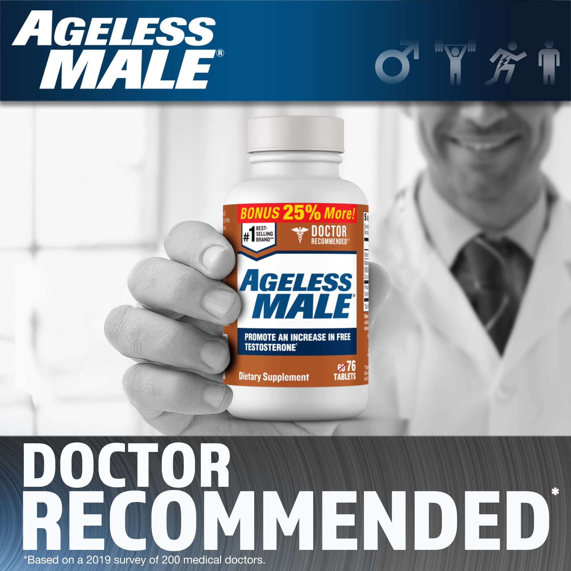 Closeup of Ageless Male tablets showcasing easy-to-take capsules for daily use.