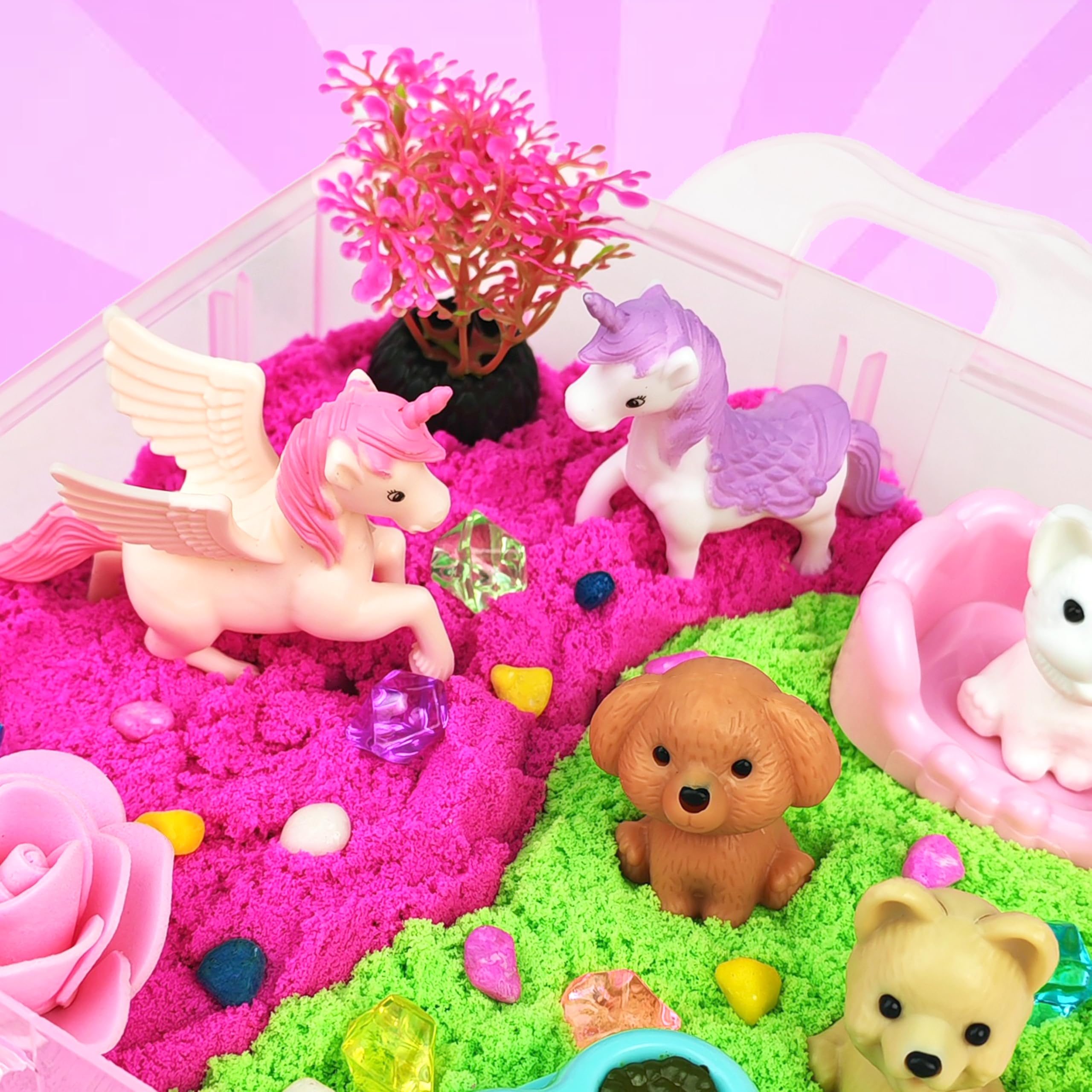Green sensory sand supports fine motor skills during sorting and pouring