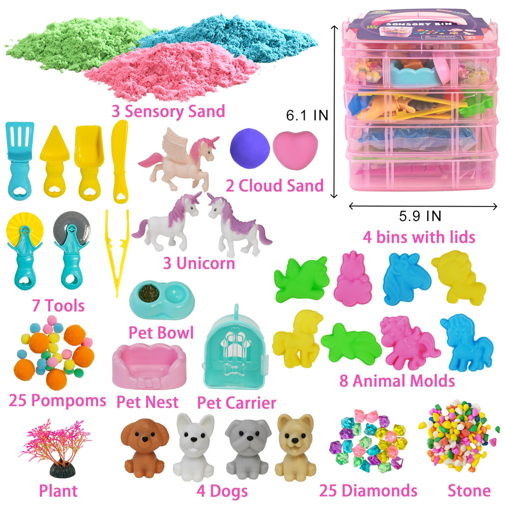 Unicorn molds and animal figures spark creative storytelling during sand play