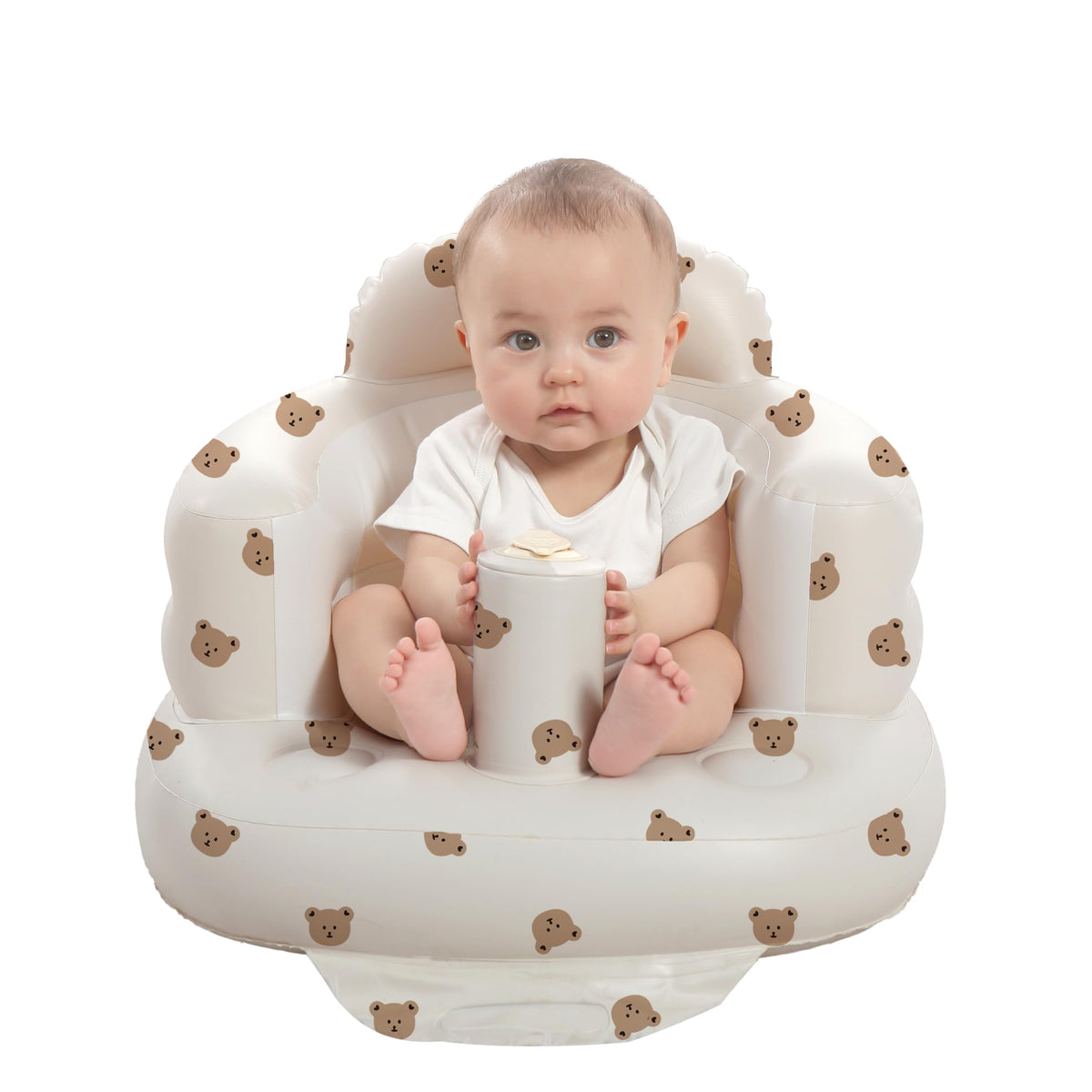 AGITVPS Bear inflatable baby seat in use showing secure learning-to-sit support.