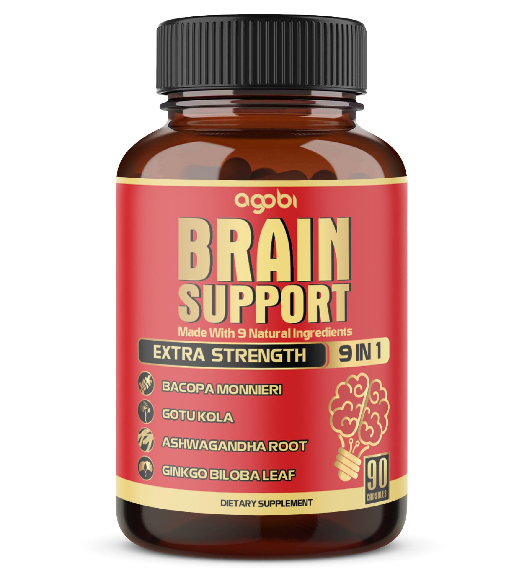 Agobi 9in1 Brain Support bottle shown for easy daily capsules.