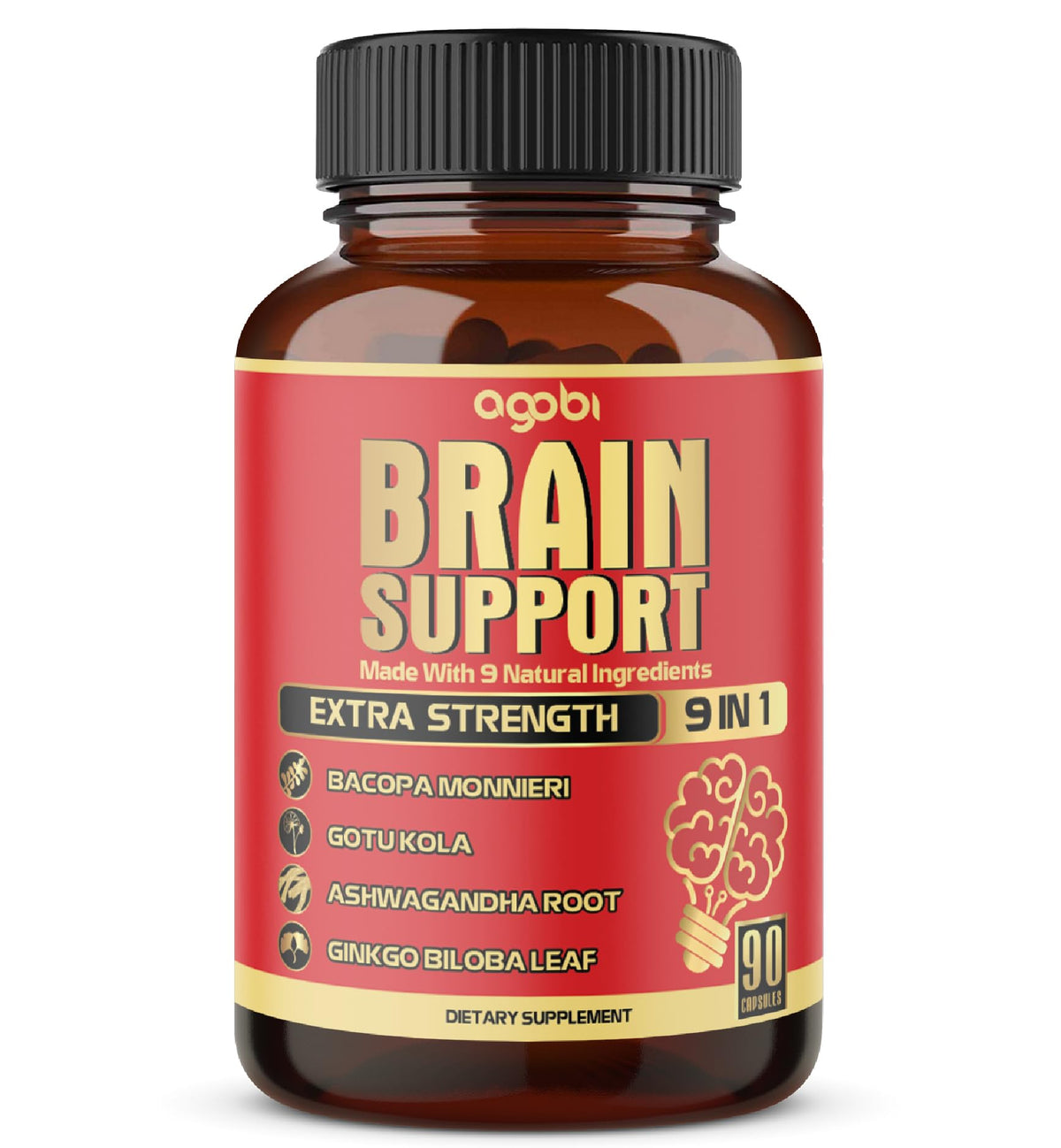 Agobi 9in1 Brain Support bottle shown for easy daily capsules.
