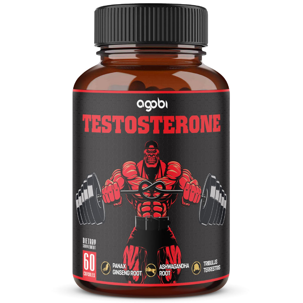 agobi testosterone bottle front view with 60 capsules for a one-month supply