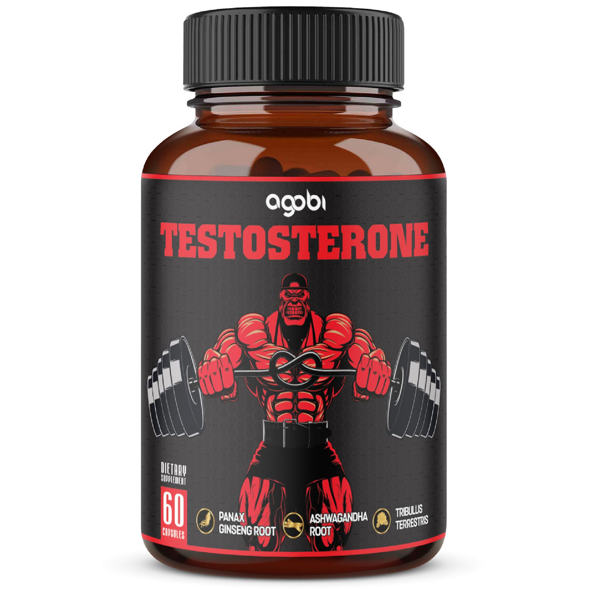 agobi testosterone bottle front view with 60 capsules for a one-month supply