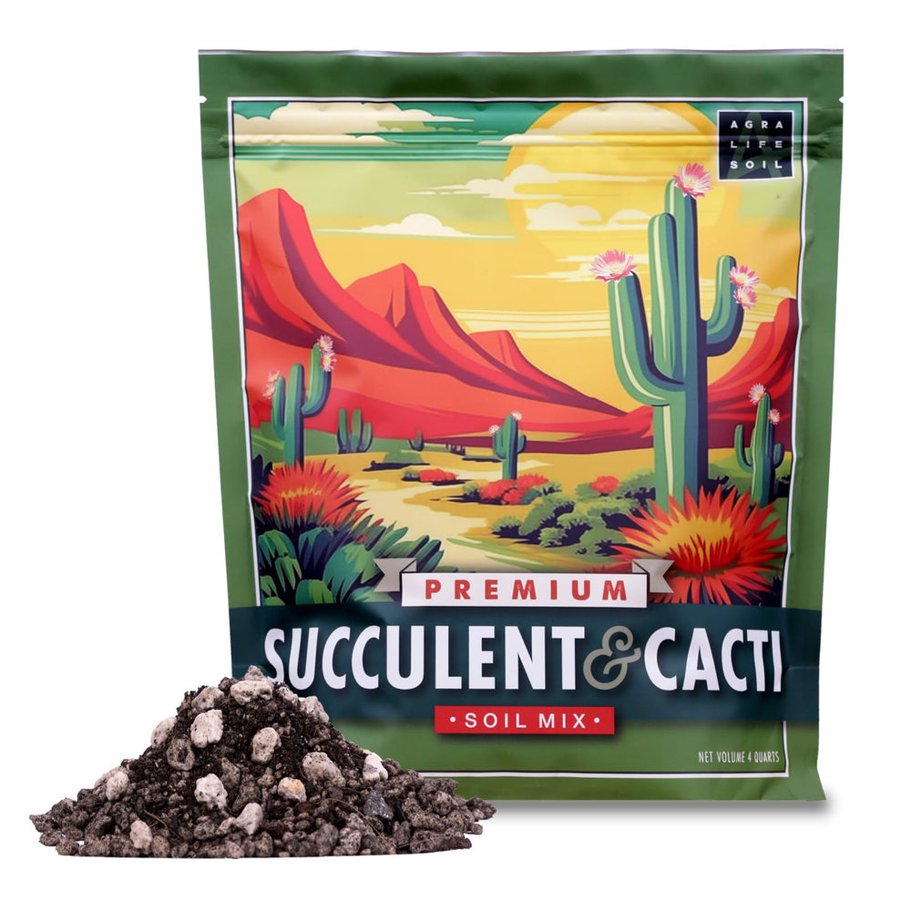 Agra Life Premium Succulent Soil Mix bag label highlighting USA-made formula for healthy drainage.