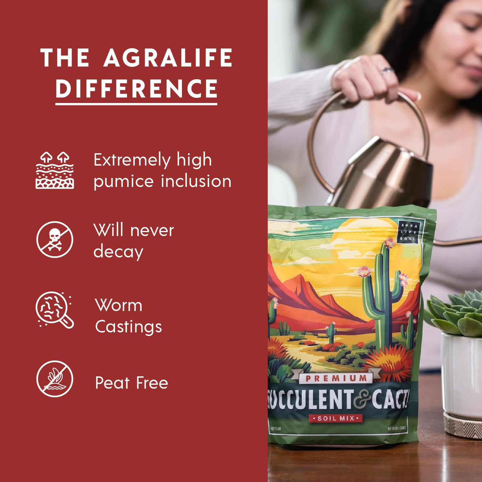 USA-made Agra Life succulent soil underscores quality ingredients.