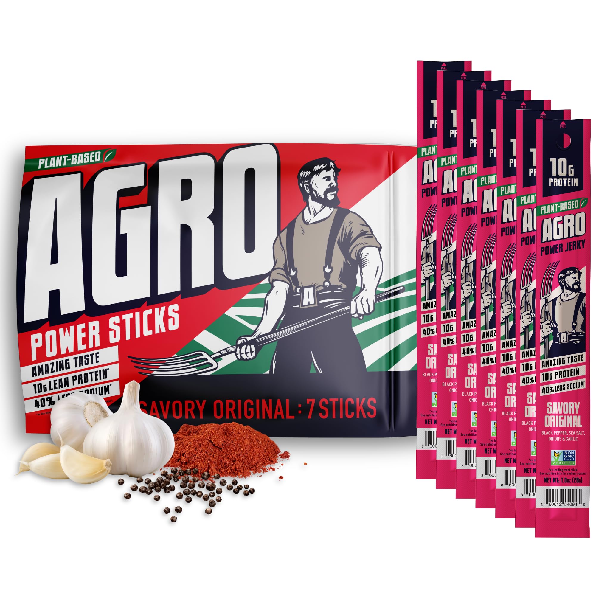 AGRO Power Vegan Jerky Stick with cracked black pepper for a savory, protein-rich snack on the go