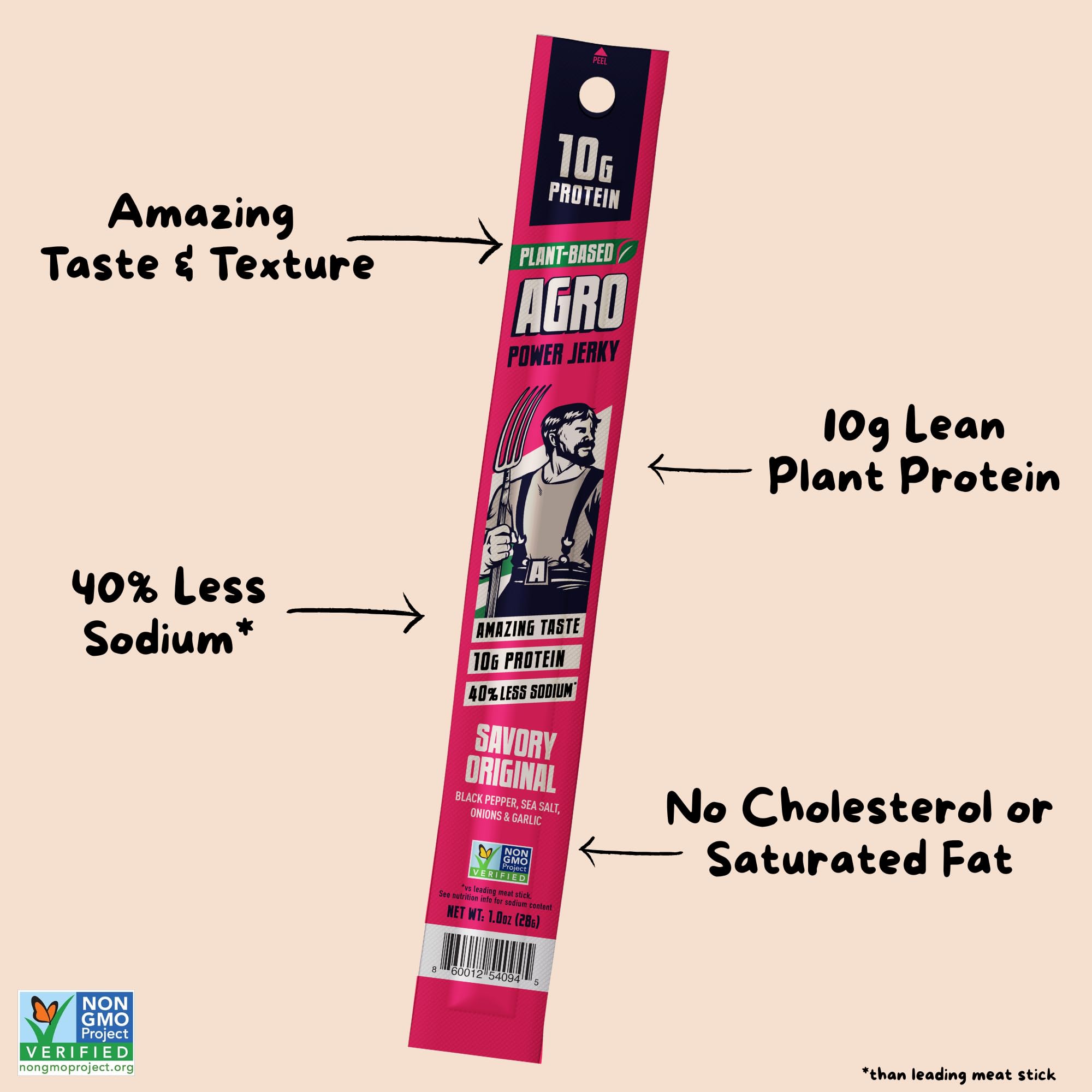 AGRO Power Vegan Jerky Stick features less sodium and zero cholesterol for cleaner snacking