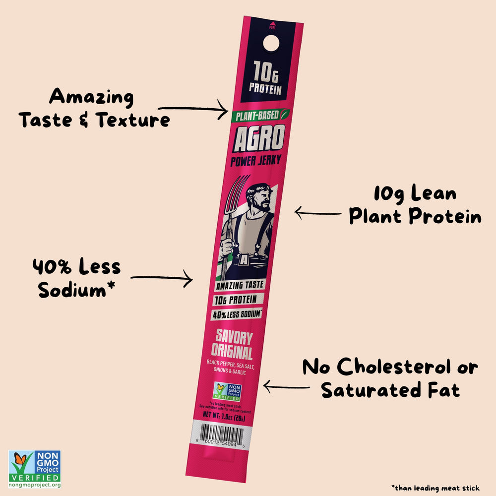 AGRO Power Vegan Jerky Stick features less sodium and zero cholesterol for cleaner snacking
