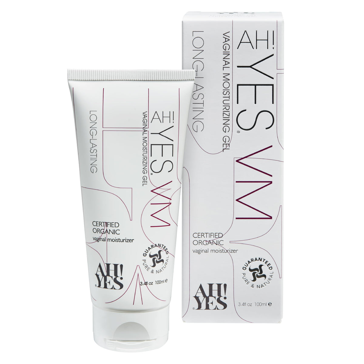 AH! YES VM bottle product shot highlighting organic moisture for sensitive skin.