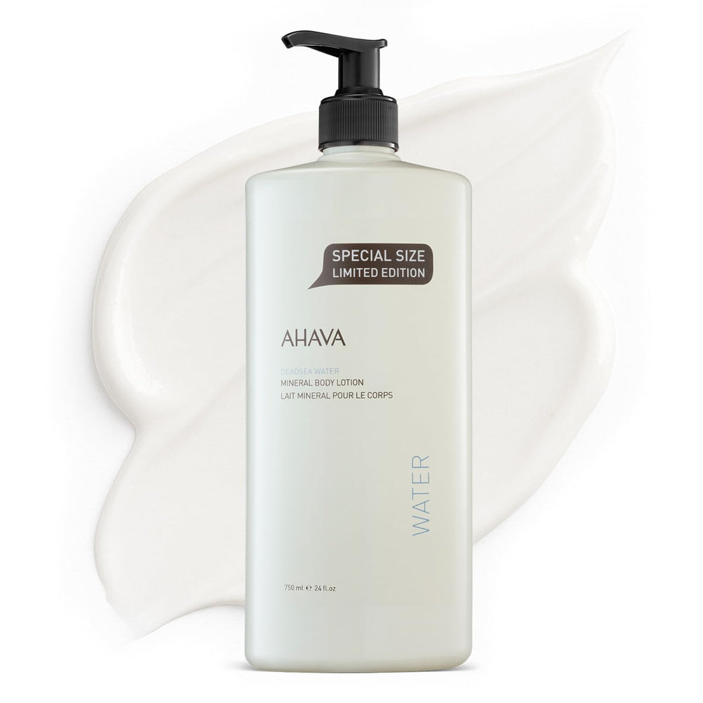 AHAVA Dead Sea Mineral Body Lotion bottle on a bathroom shelf showing daily hydration potential