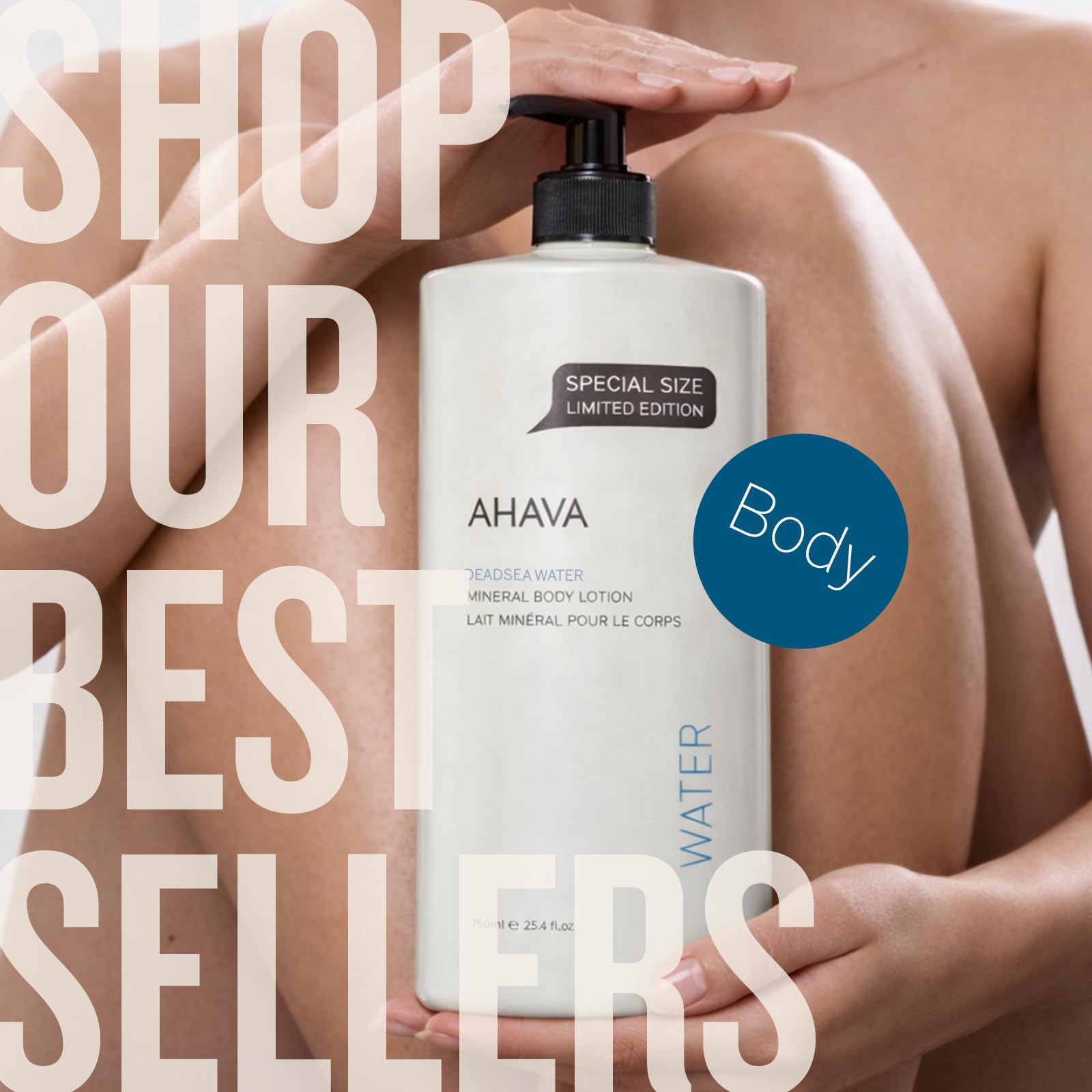 Vegan and cruelty-free AHAVA Dead Sea Mineral Body Lotion close-up label
