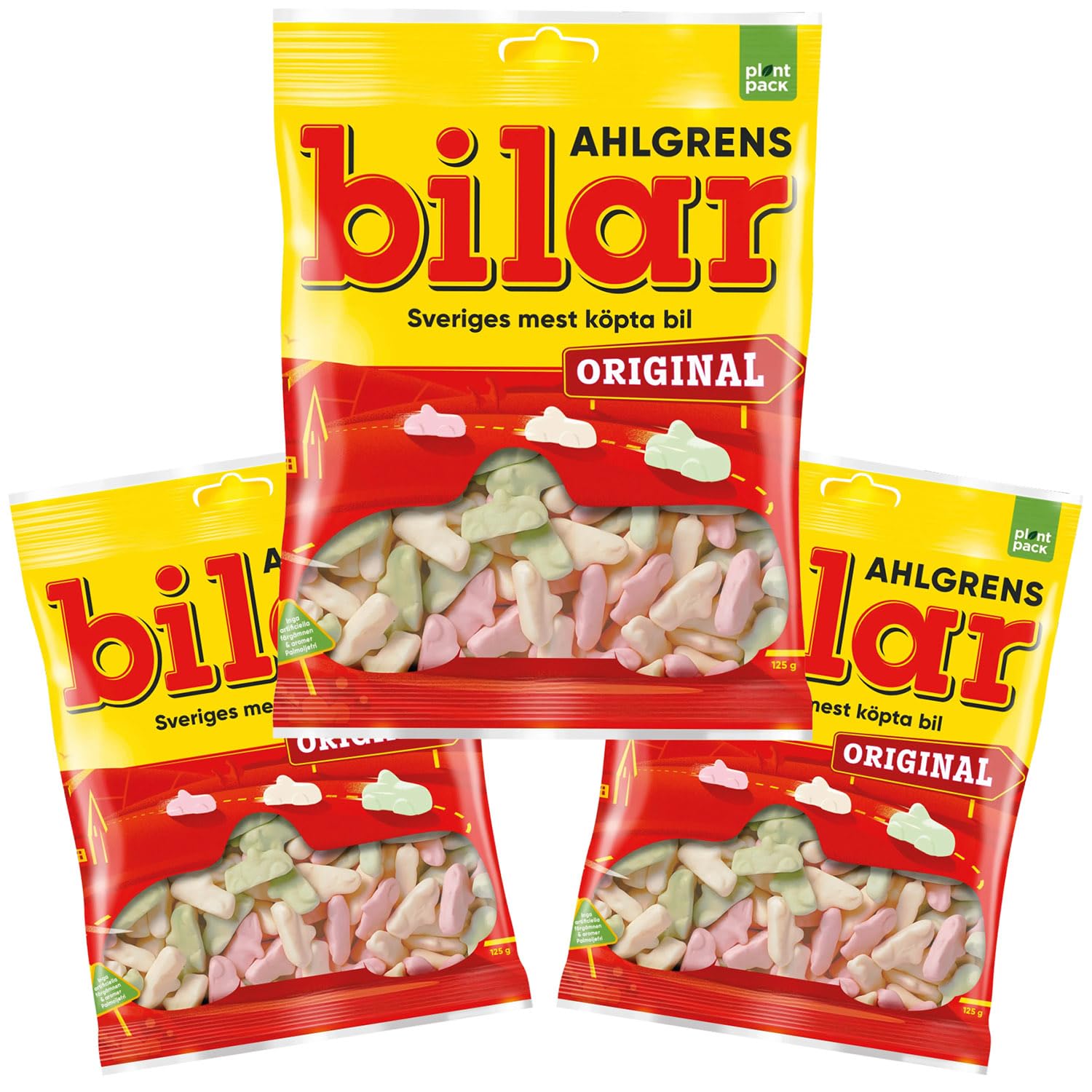 Ahlgrens Bilar Original 125g bag, chewy Swedish marshmallow cars, ideal for parties and snacking.