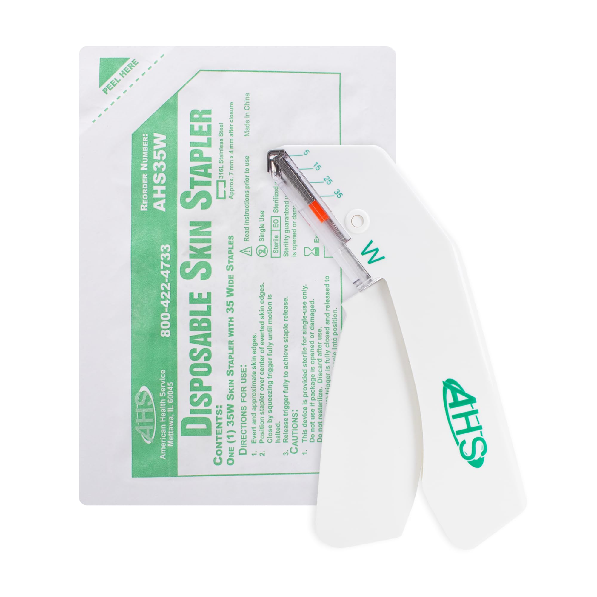 AHS Sterile Skin Stapler with 35 wide preloaded staples for quick first aid.
