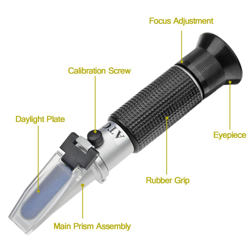 aichose Brix refractometer dial detail showing clear ATC adjustment for stable results