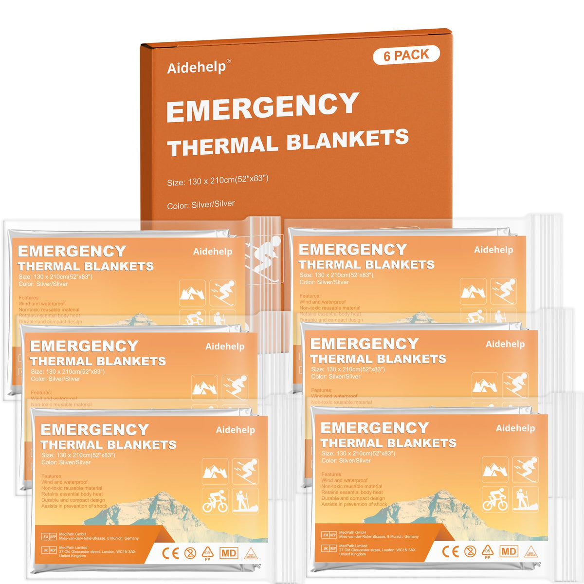 Aidehelp 6-pack emergency blankets bulk pack for kits and disasters.