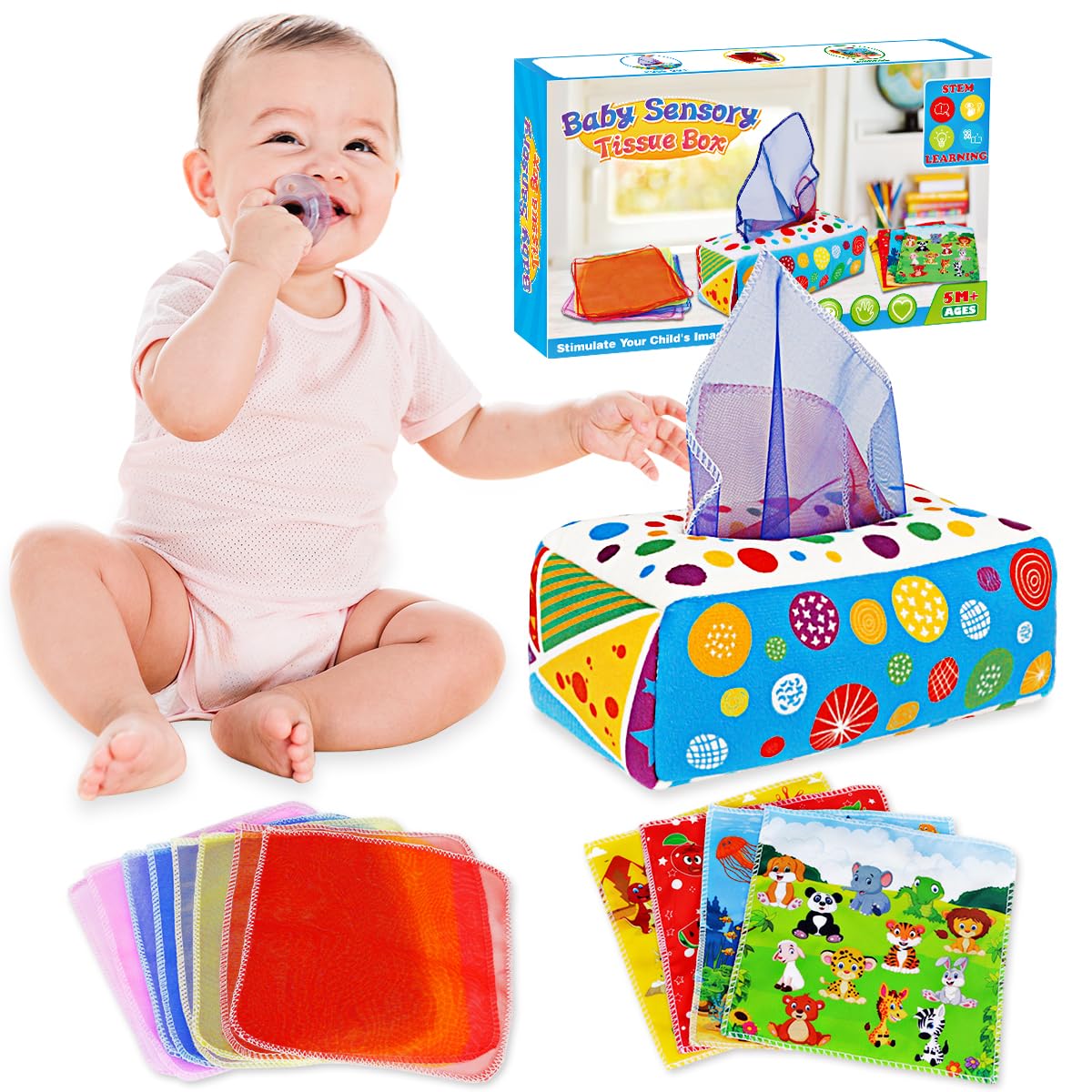 Aiduy tissue box toy main view showing Montessori-inspired play for 6-12 months.