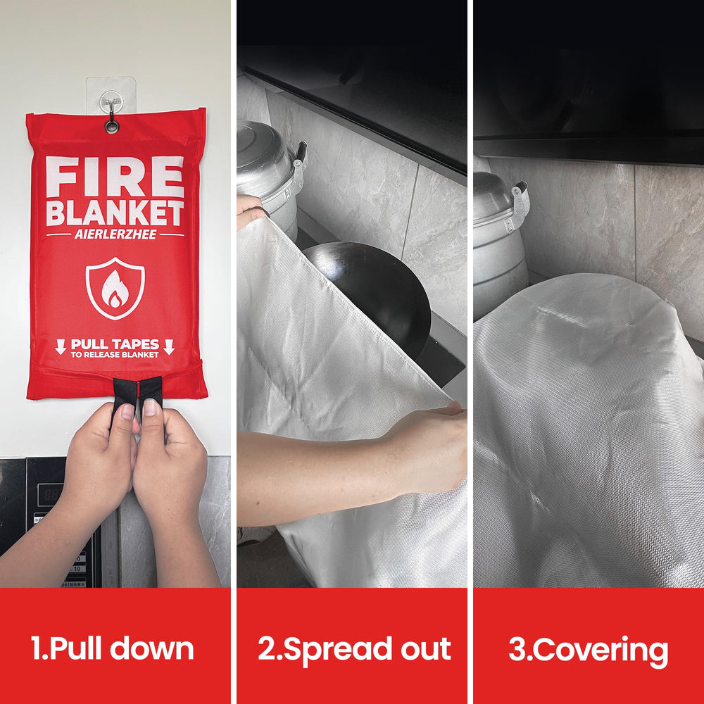 AIERLERZHEE fire blanket stored in kitchen drawer for fast home safety access.