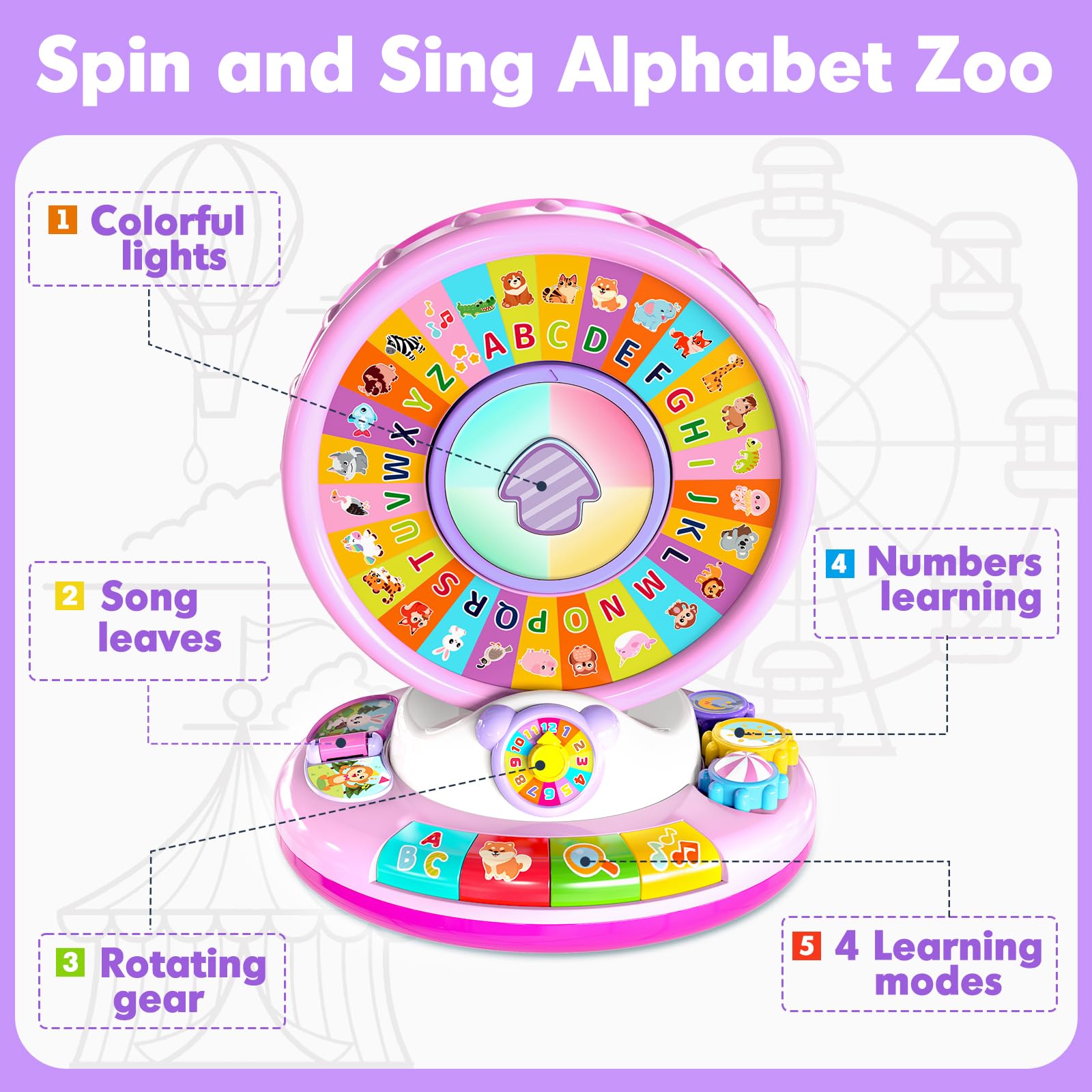Aigybobo Alphabet Zoo highlights letters and animal names with bright lights for playful learning.