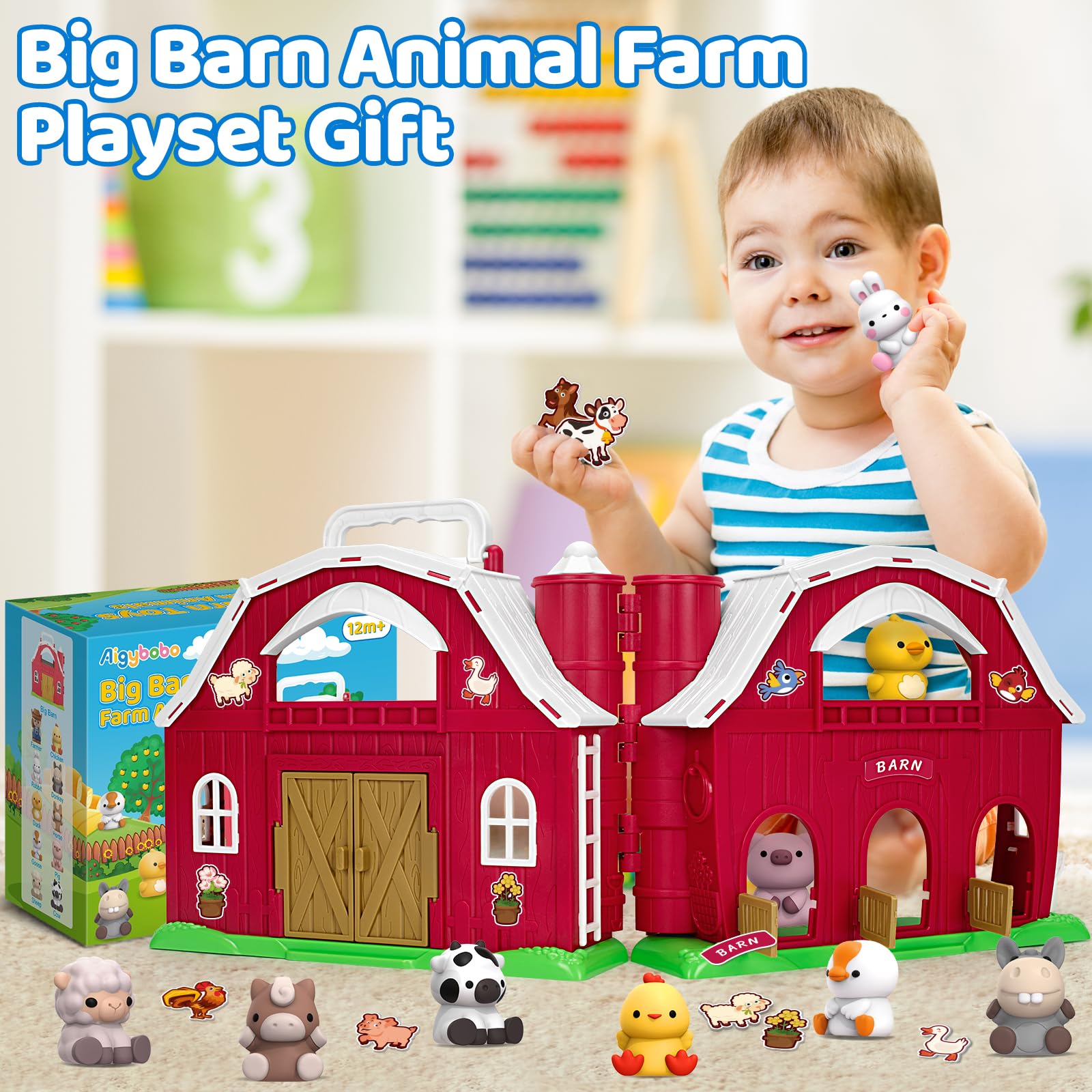 Aigybobo animal figures set used in storytelling and pretend farm play.