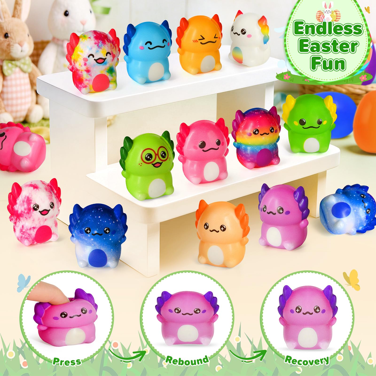Aigybobo Easter grass display with bright eggs ready for hiding.