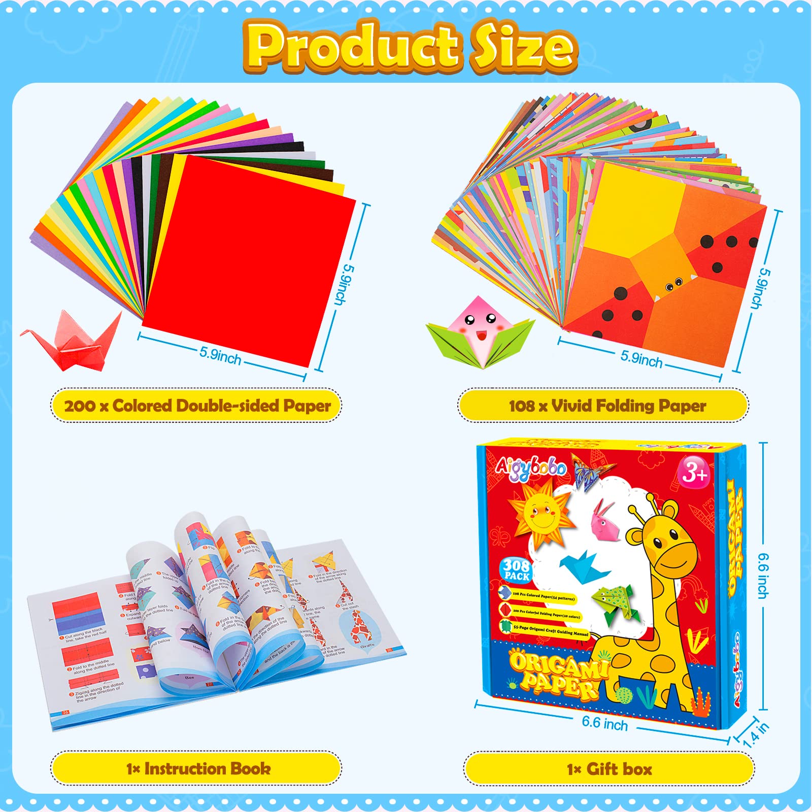 Aigybobo Origami Set with 108 double-sided patterns for diverse projects