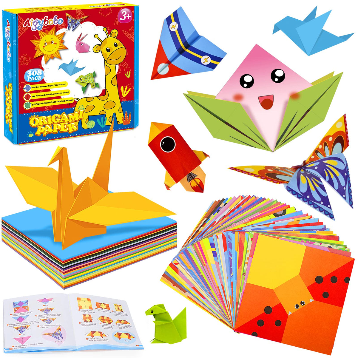 Aigybobo Origami Set showing colorful papers for creative crafting at home