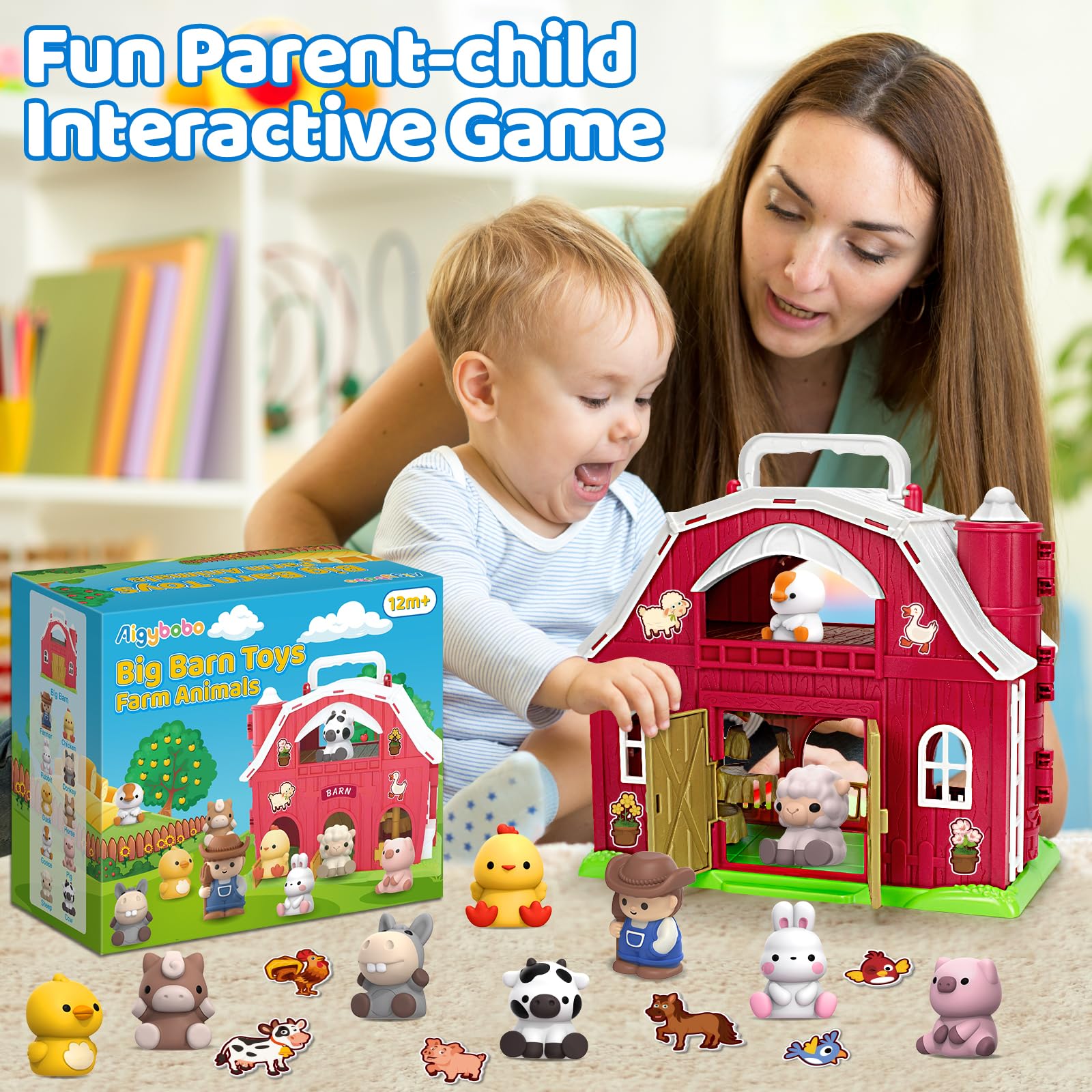 Aigybobo portable barn toy with handle for travel and easy carrying.
