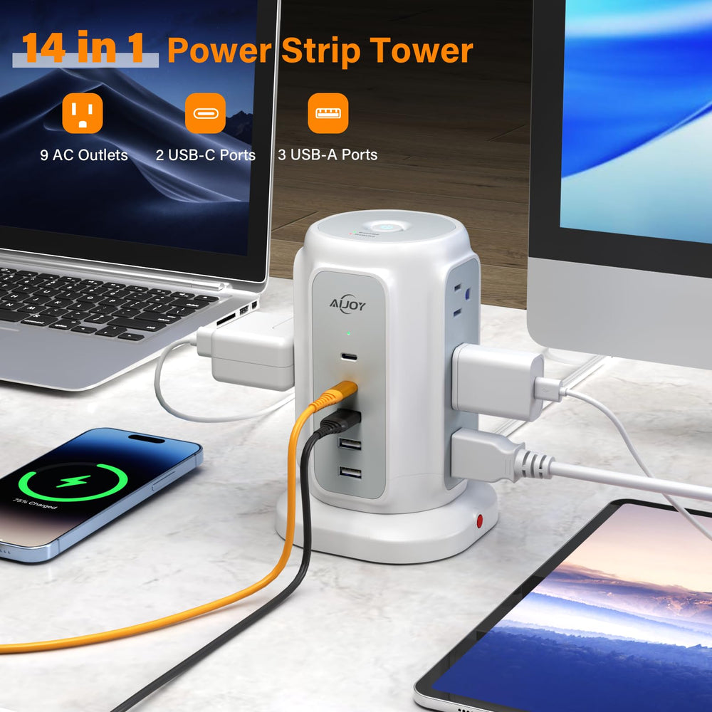 AiJoy 9 AC outlets and 5 USB ports setup for organized charging.