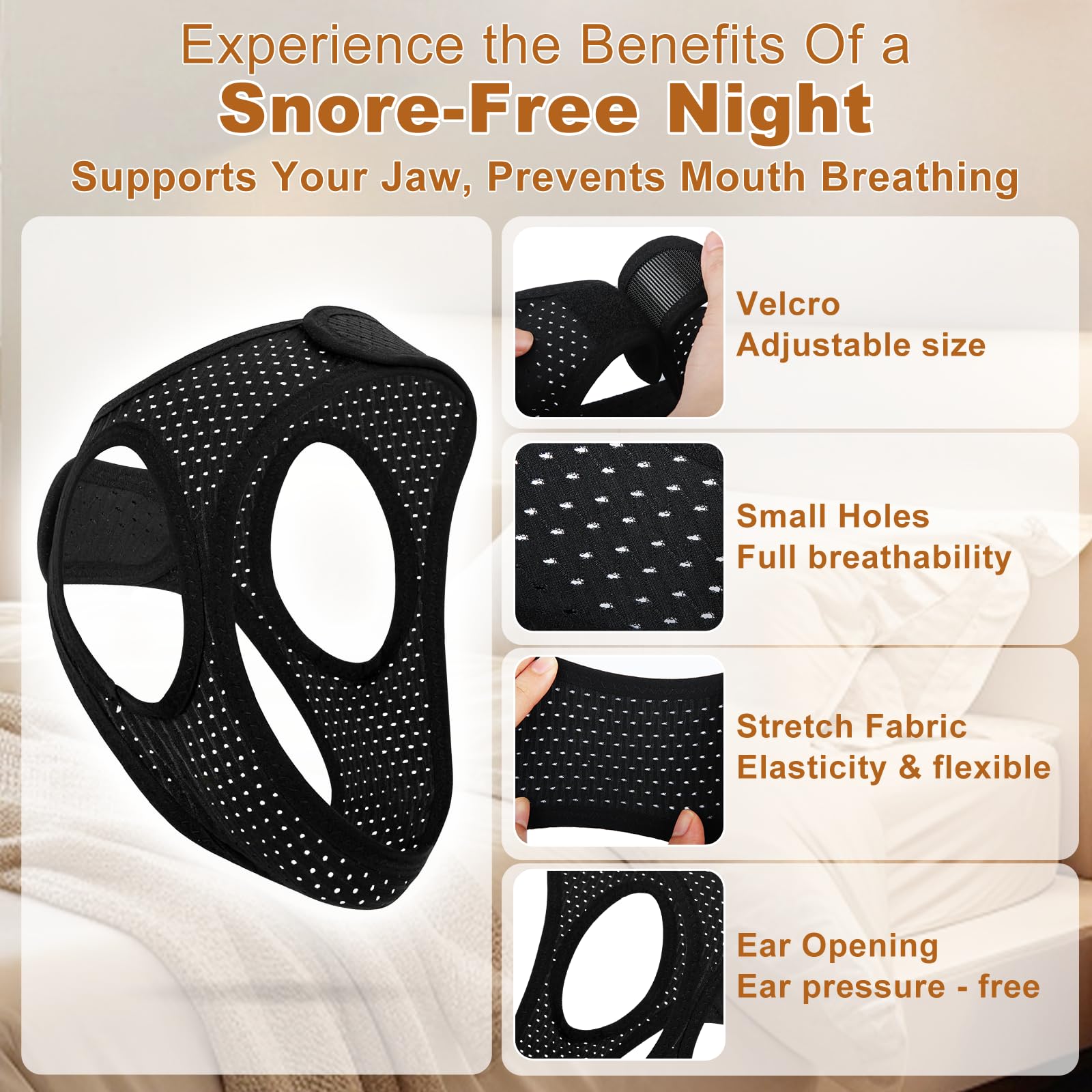 Aikaplus Sleep Apnea Chin Strap worn at night supports a calm sleep.