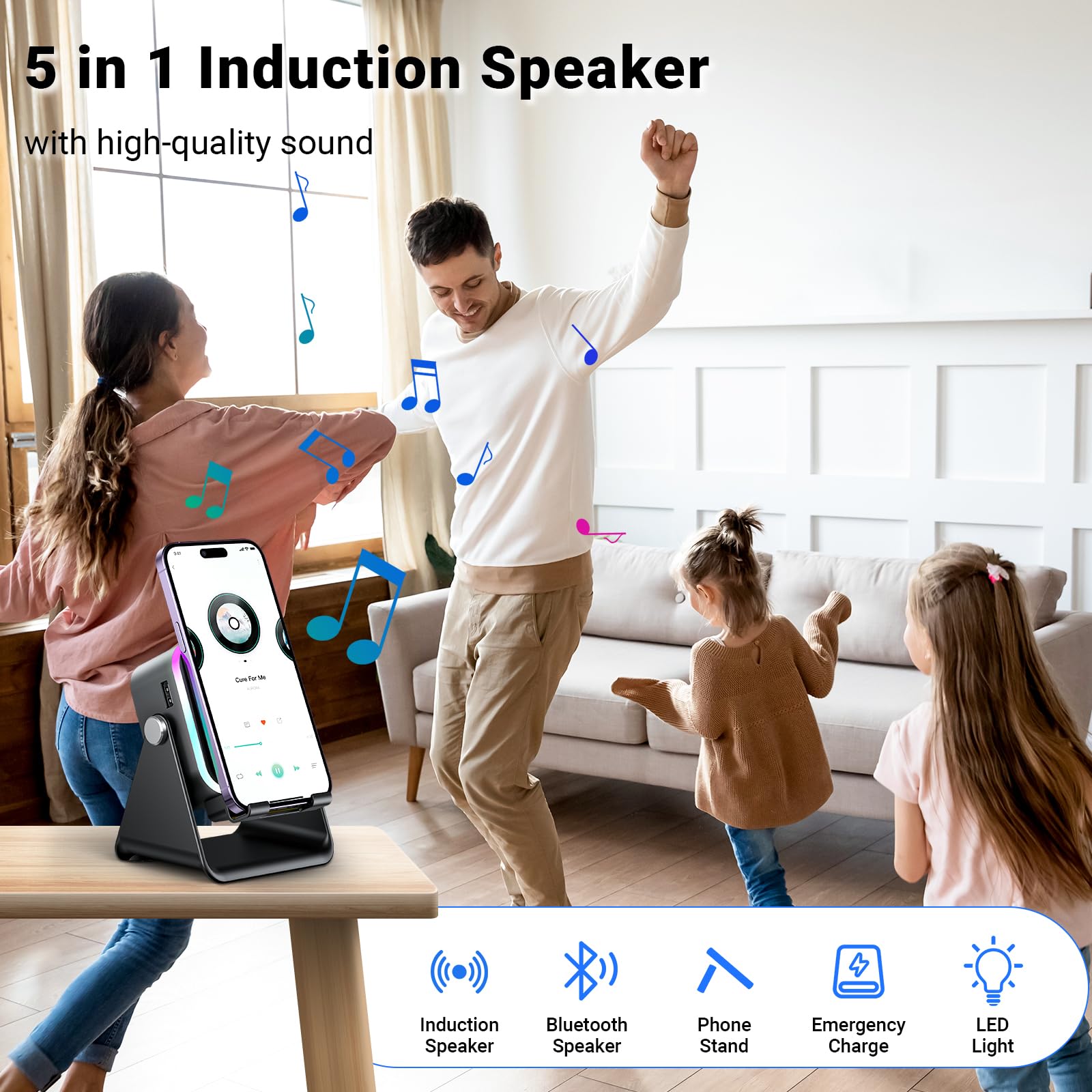 AIKELA induction speaker on a phone stand enables hands-free viewing and calls.